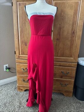 Strapless Red Maxi Dress with Silver Trim